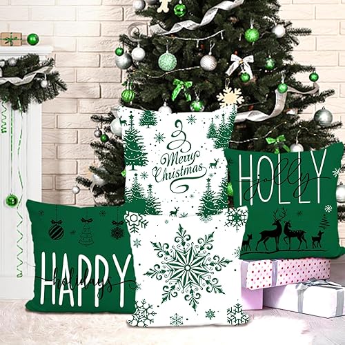 Miniatura 3 de Artmag Juego de 4 fundas de almohada de Navidad de 16 x 16 pulgadas, decoración de casa de campo, feliz vacaciones, diseño de copos de nieve, funda
