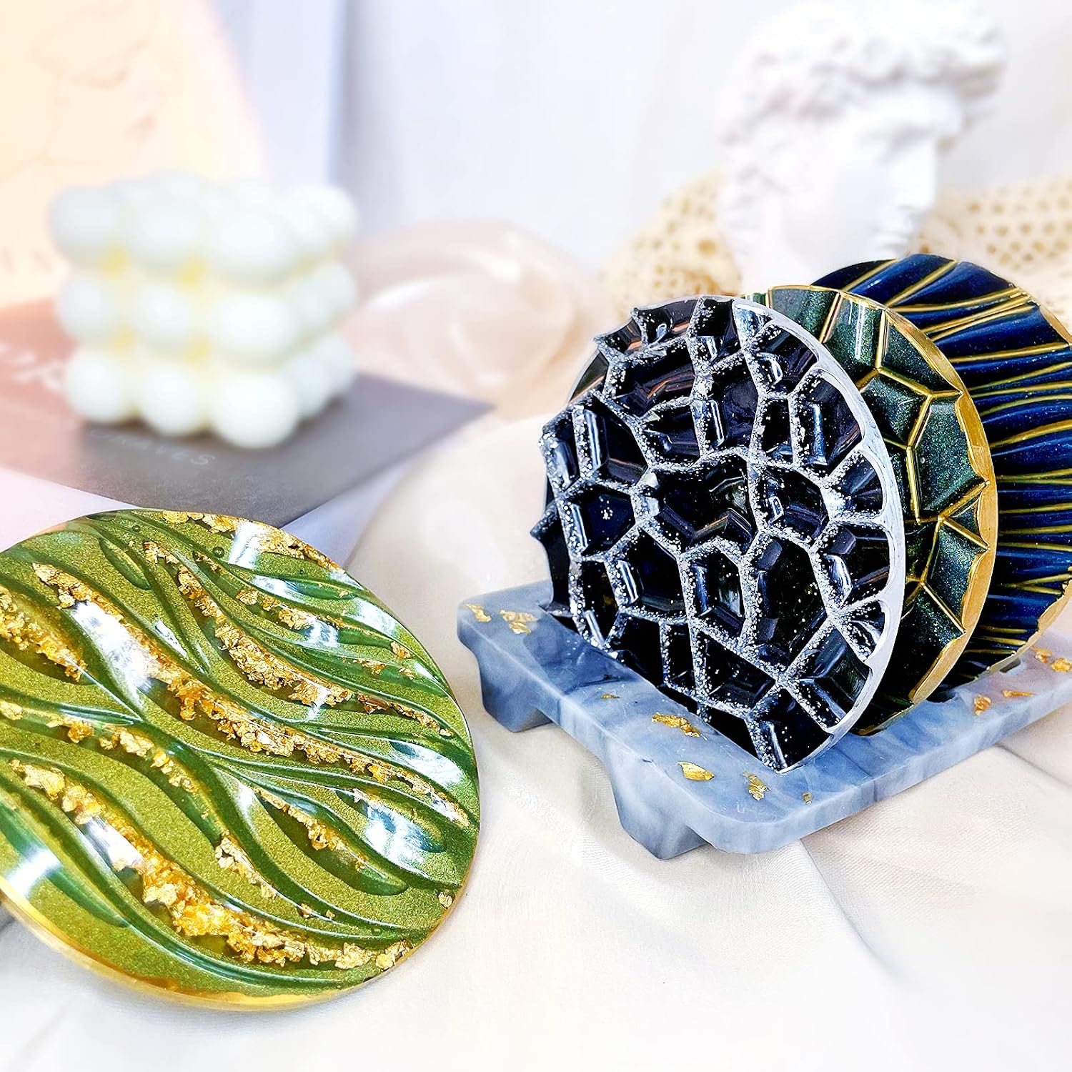 ISSEVE Coaster Resin Mold, 4Pcs Different Pattern Coaster Molds with 1Pc Coaster Stand Storage Molds, Silicone Molds for Epoxy Resin Casting Coasters Home Decoration