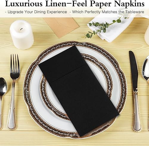 Miniatura 9 de Lylllwly Servilletas de papel negras desechables, servilletas de cena con bolsillo integrado para cubiertos, servilletas de tela, preplegadas para