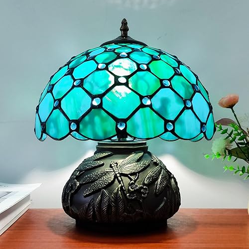 Miniatura 8 de Tiffany - Lámpara de mesa con forma de hongo de vidrieras, perlas azules, luz de lectura antigua, luz de lectura de 3 vías, color LED, para sala de