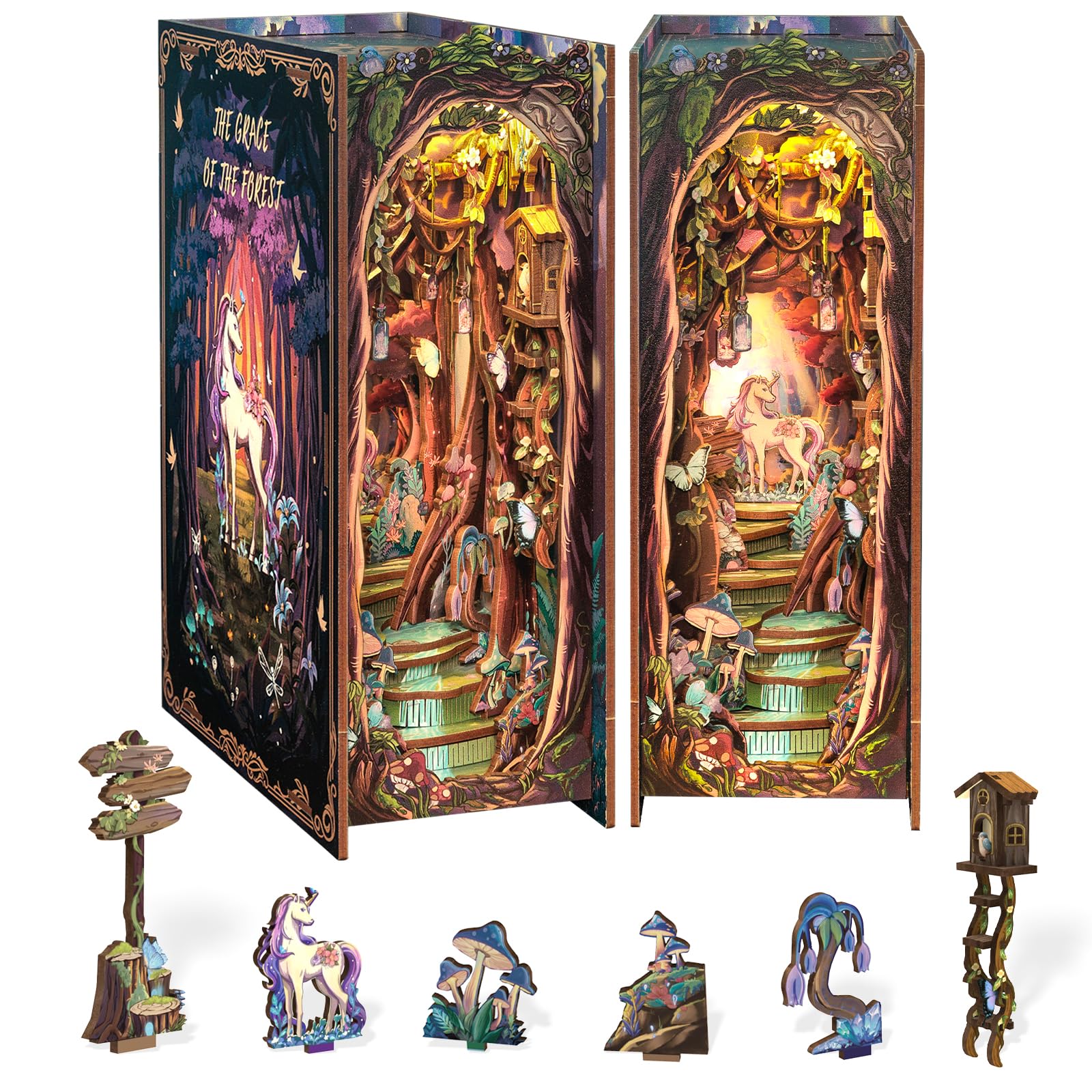 Cutefun DIY Book Nook - Kit per casa delle bambole in miniatura 3D, in legno, per libreria, con inserto per libreria, modello di costruzione, kit regalo creativo con luce (The Grace of the Forest)