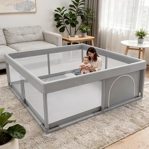 JINXIA 50x50 Inch Playpen for Babies and Toddlers, Soft & Skin-Safe Fabric | Sturdy Safety Activity Fence, Breathable Mesh Playard for Indoor Outdoor Activity Center, Light Grey