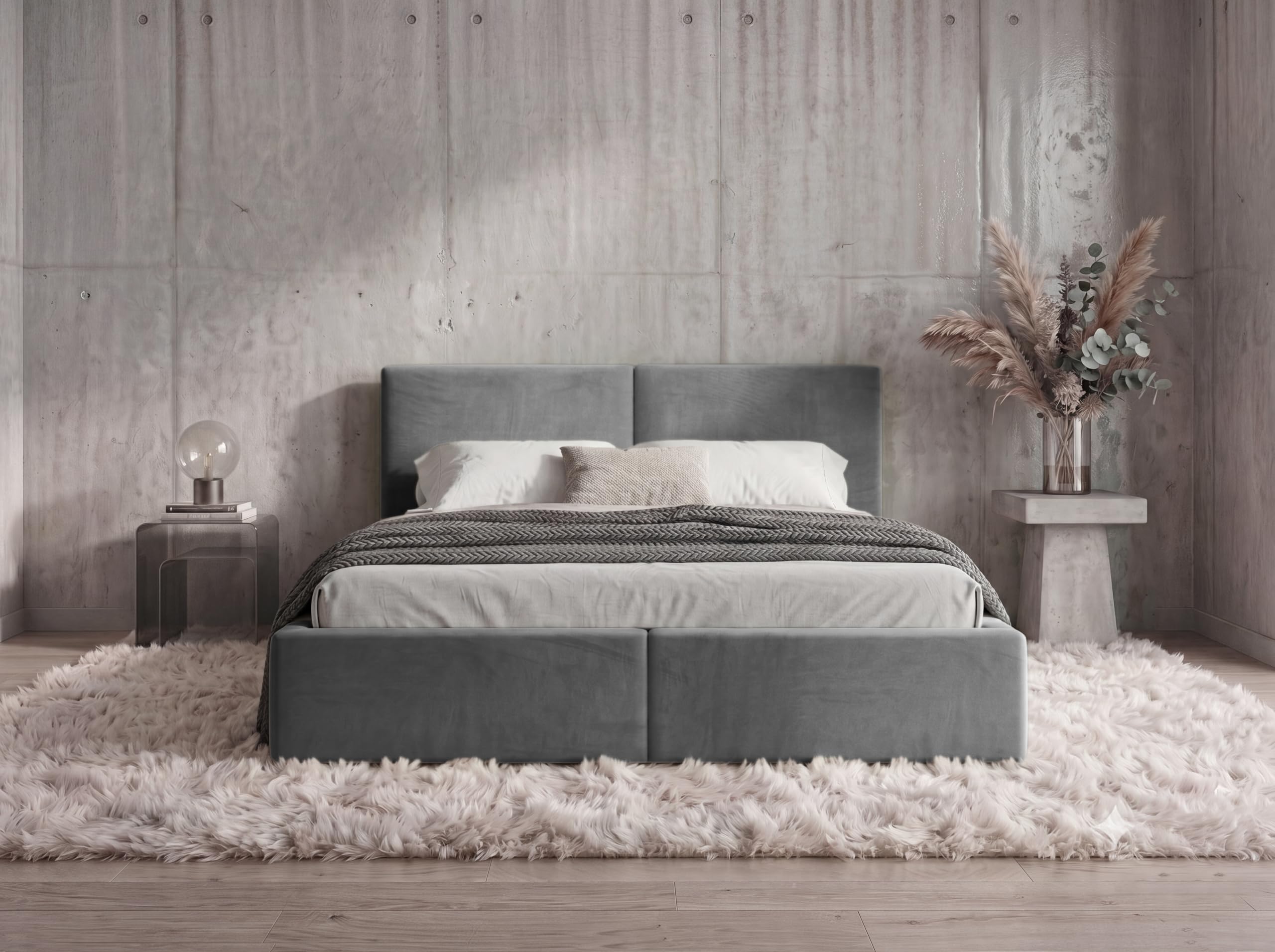 Interbeds Polsterbett 120x200 cm mit Bettkasten und Lattenrost – Stauraumbett Doppelbett in Grau Pflegeleichter Samtbezug Gepolstertes Bettgestell belastbar bis 300 kg ohne Matratze (Grau, 120x200)