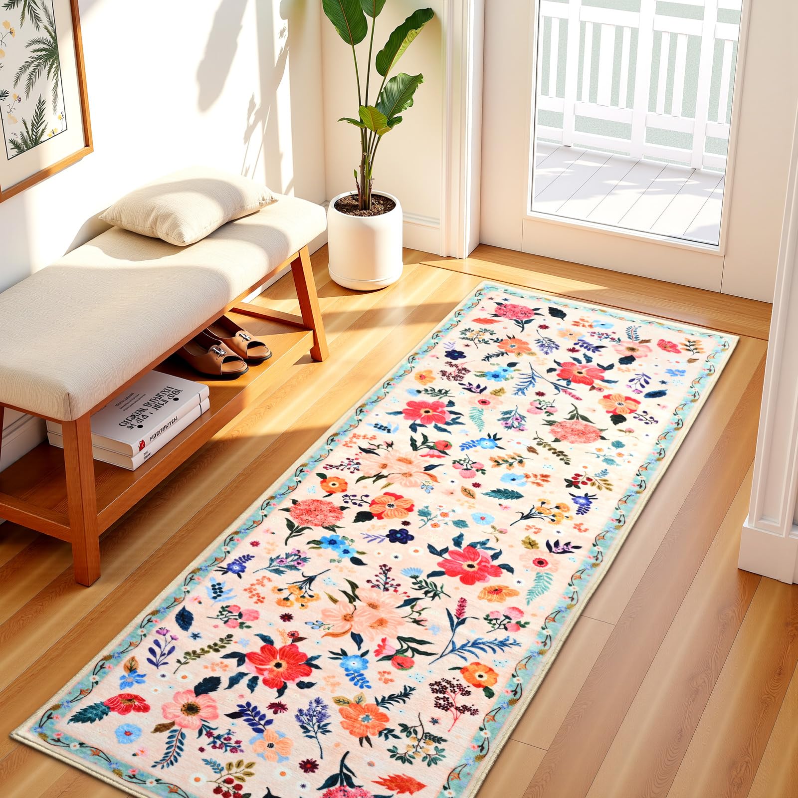 Terrug Floral Entryway Runner Rug 2x6, Washable Beige Boho Rug for Hallways Non-Slip, Soft Stain Resistant Vintage Carpet Runner Rugs for Kitchen