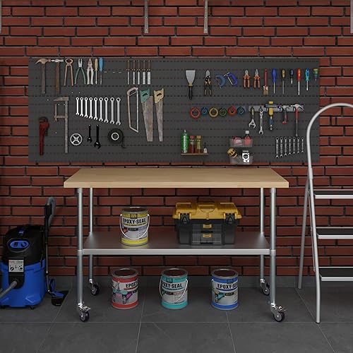 Miniatura 8 de Mesa de trabajo superior de madera de arce con estante inferior ajustable y ruedas (60 pulgadas de largo x 24 pulgadas de profundidad)