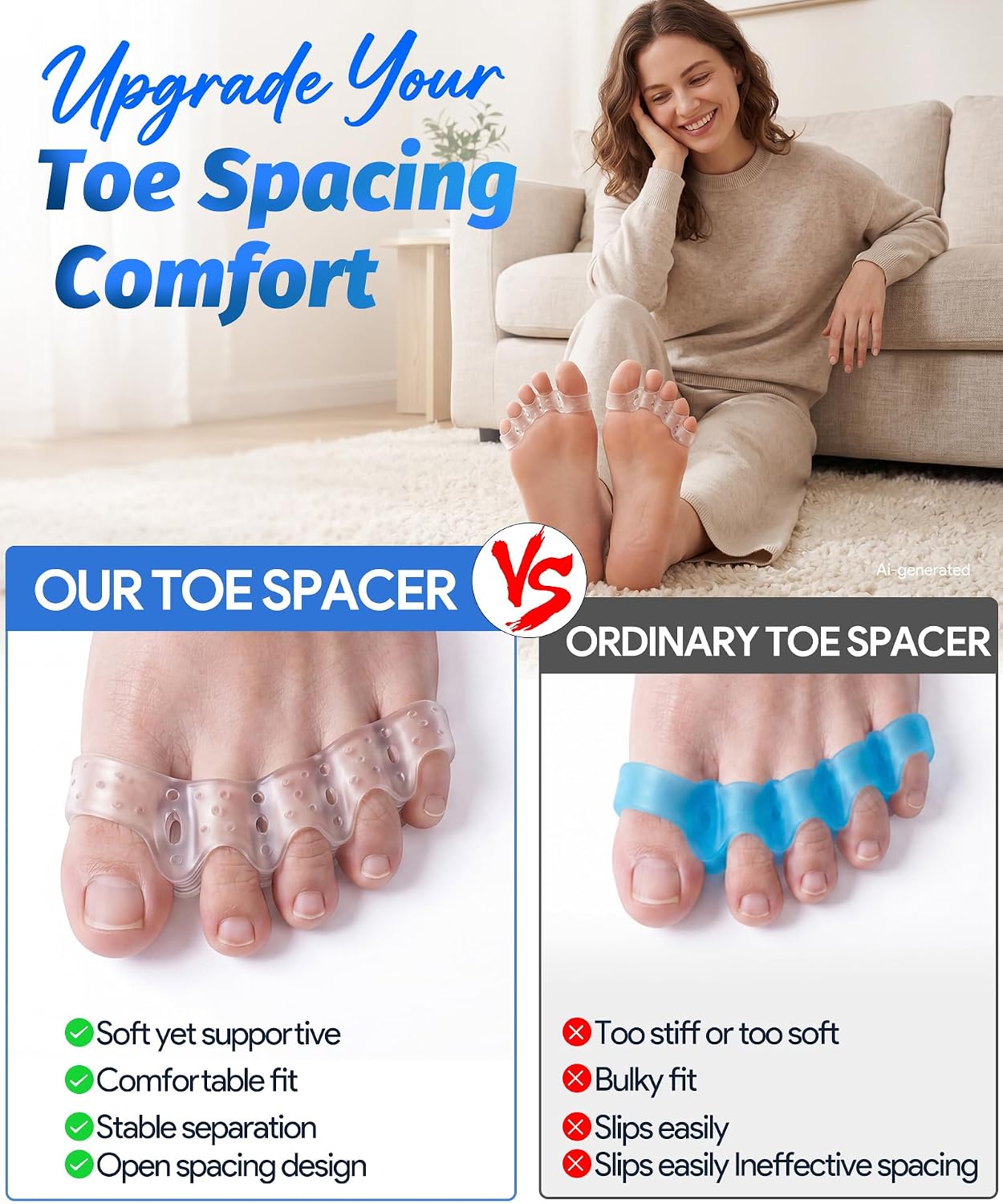 Toe Spacers for Women and Men, Silicone Toe Separators with Breathable Airflow Channels, Soft Washable Reusable Design for Daily Use, Stretching and Comfort, 1 Pair