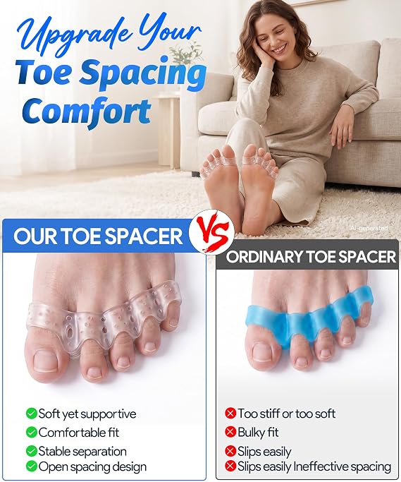 Soft Toe Spacers for Women and Men, Silicone Toe Separators with Breathable Airflow Channels, Washable Reusable Design for Daily Use, Stretching and Comfort, 1 Pair