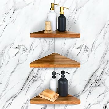 ENKEZI Acacia 2,3 Tiers Corner Shower Shelf, Triangular Corner Shelf Wooden Bathroom Shelf for Tiled Wall, Shower Corner Shelf, No Drilling Requied 3