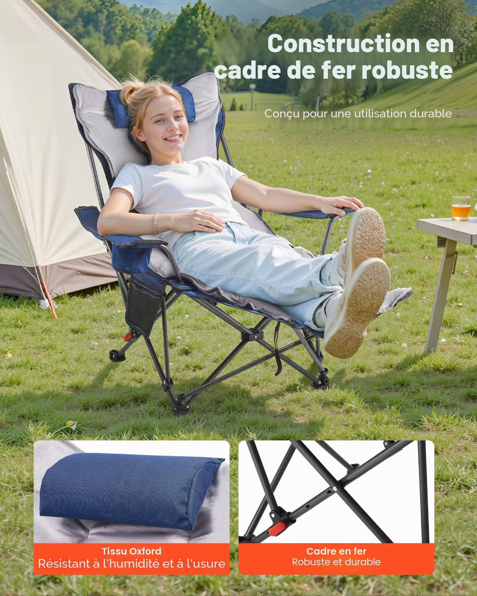 VEVOR Chaise de Camping Pliante, 4 Positions Réglables, Chaise Longue Inclinable Portable pour Adultes, avec Repose-Pieds, Coussin Moelleux, Charge 100 kg, Tissu en Maille, pour Plage, Terrasse, Bleu