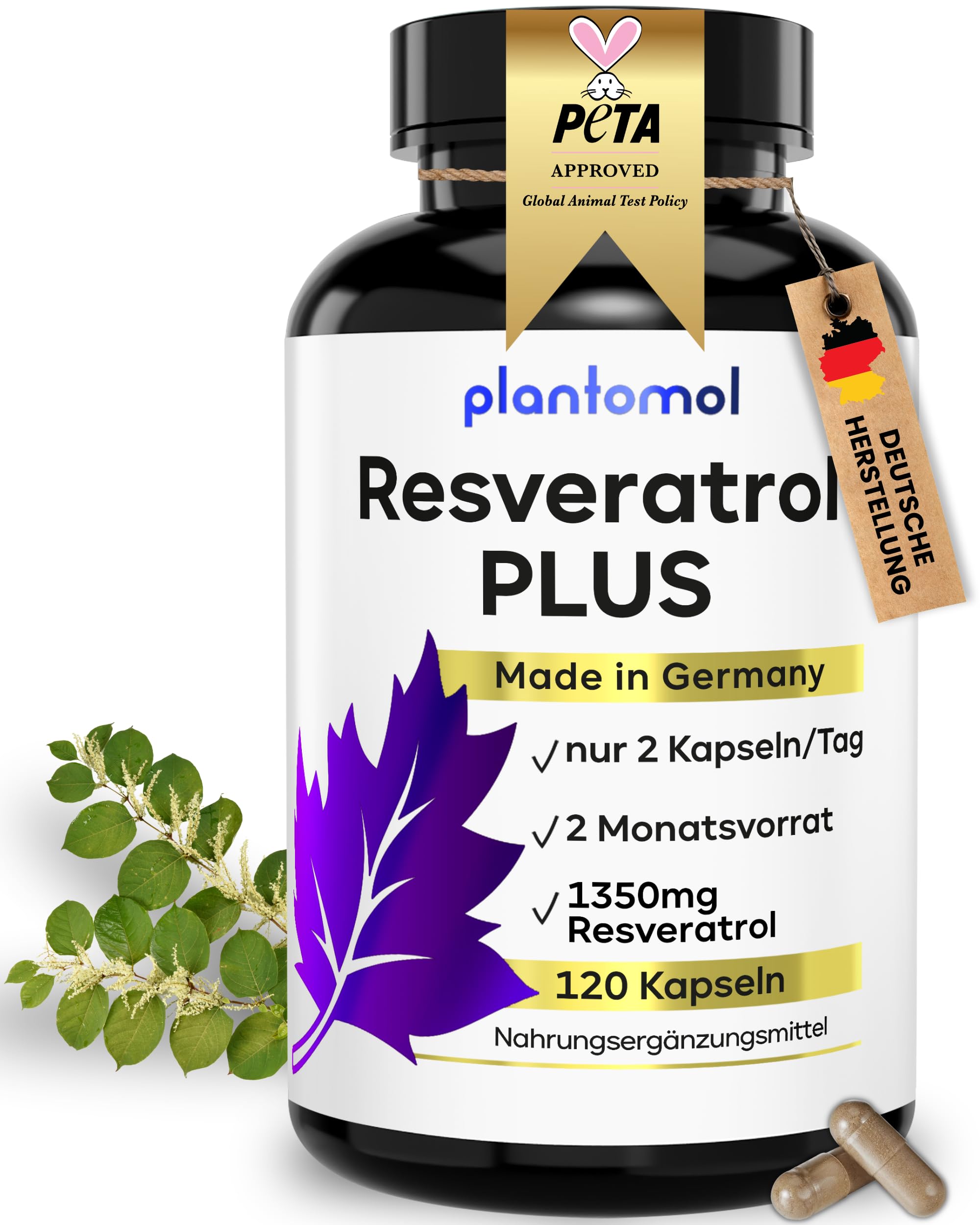 Trans Resveratrol Kapseln 1350mg – 120x Resveratrol Hochdosiert – 100:1 Trans-Resveratrol PLUS aus japanischem Knöterich – 2 Monatsvorrat – Made in Germany