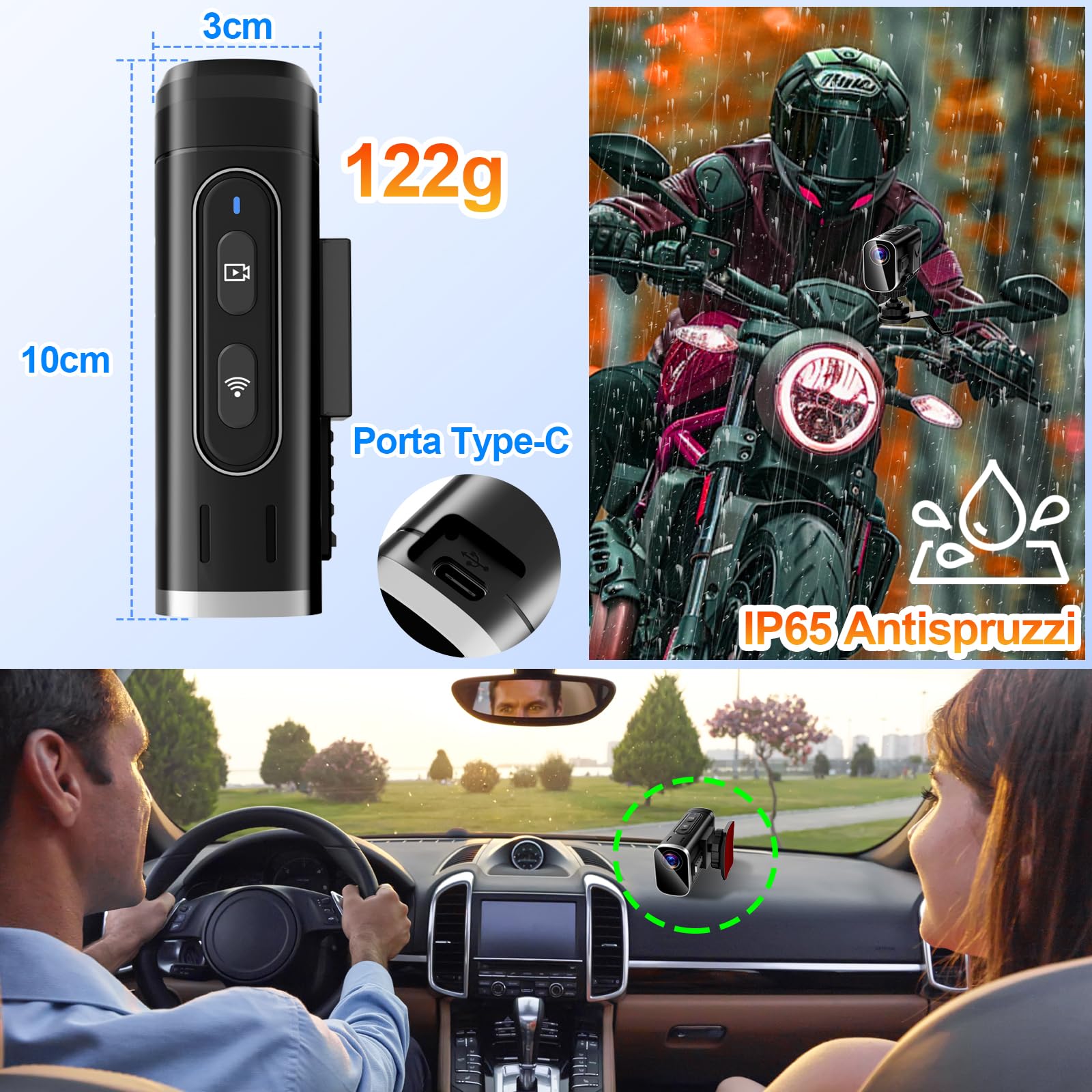 Action Cam 4K WiFi, Stabilizzazione a Doppia Lente Telecamera Moto, Registrazione di 6 Ore Telecamera Casco Moto con Scheda MicroSD da 64 GB