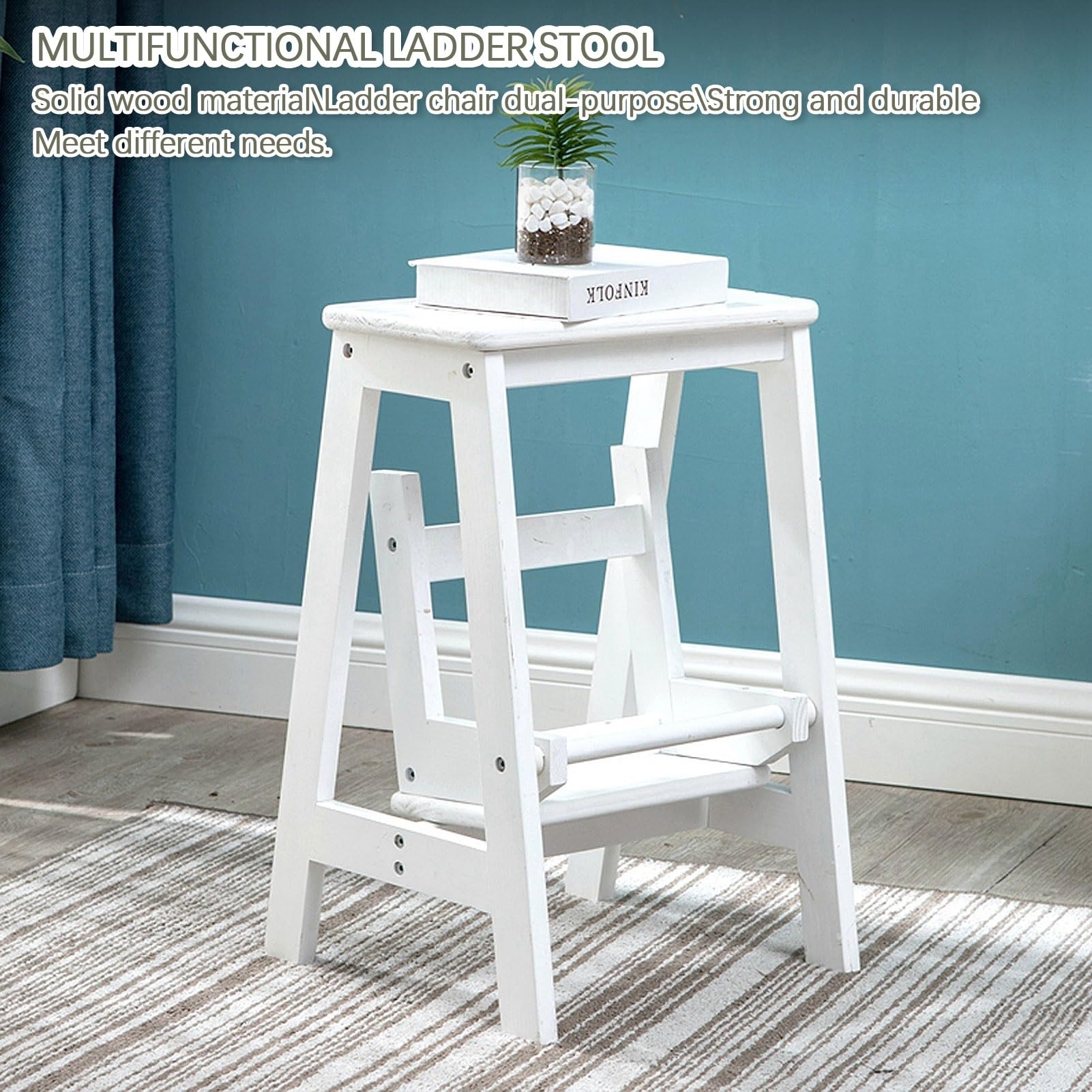 Sgabello Gradino Pieghevole Bianco - 2 Scalini, Legno Massello, Antiscivolo, Portatile - Foto 9