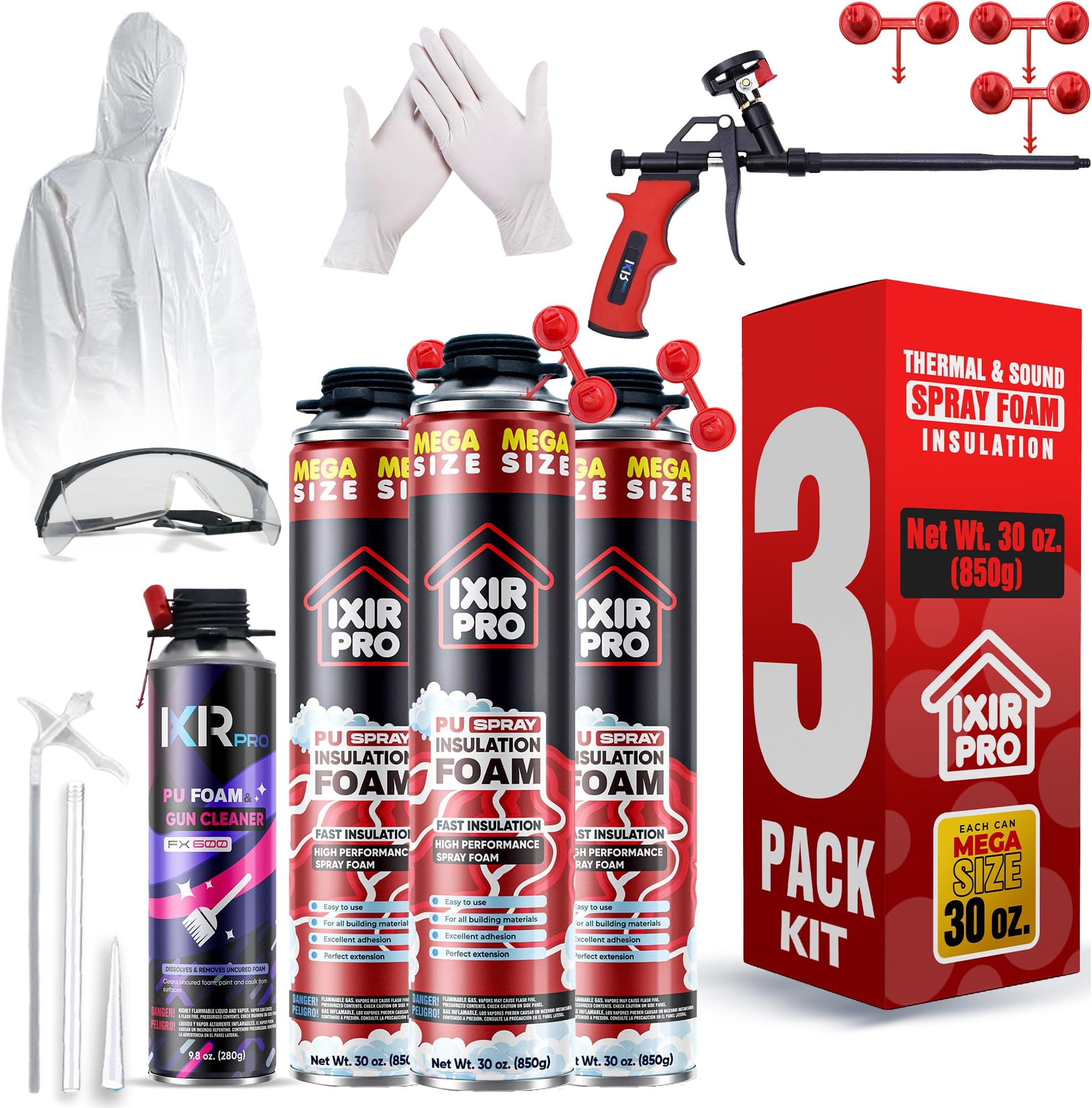 Spray Foam Insulation Kit (3 PK Kit-30oz) Expanding Sealant, Spray Foam, Mega Size Closed Cell Heat Acoustic Insulation, High Density, Cleaner, Gun