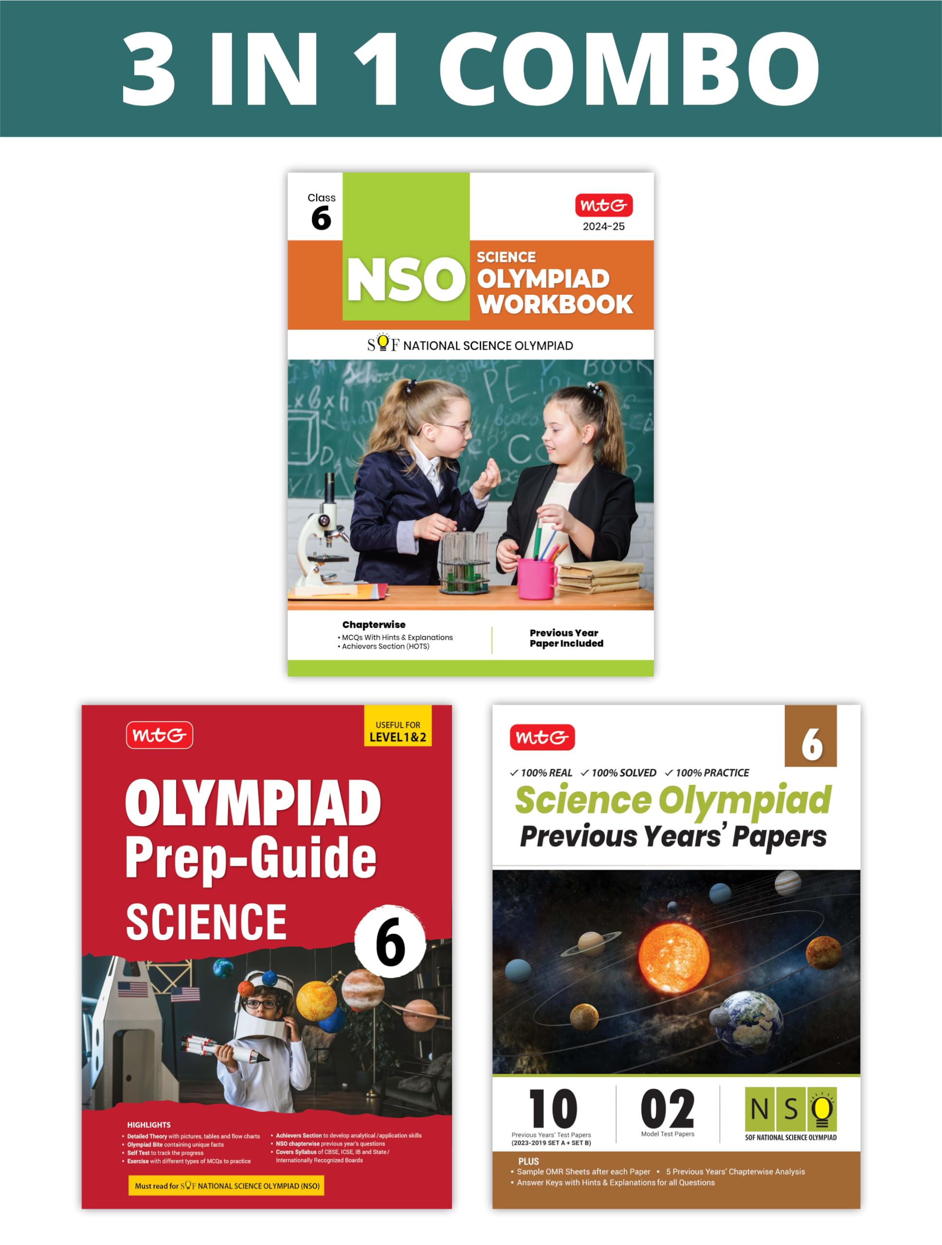 MTG National Science Olympiad (NSO) Workbook, Prep-Guide & Previous Years Papers (PYQs) with Mock Test Paper Class 6 - SOF Olympiad Books For 2024-25 Exam (Set of 3 Books)