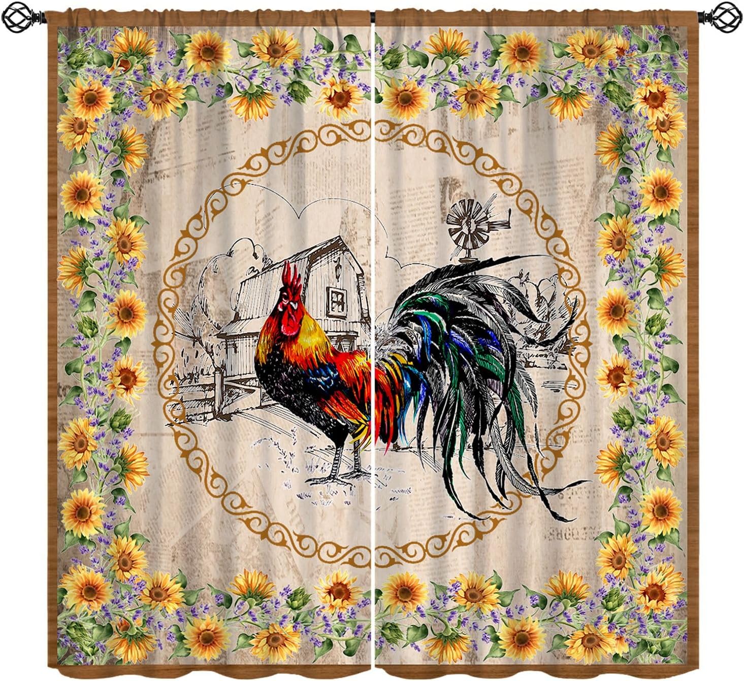 Rustic Rooster Blackout Curtains, Vintage Art Rural Farmhouse Patchwork Rooster Colorful Plaid Grid Pattern Window Drapery Treatments for Bedroom Living Room 42" W X 54" L