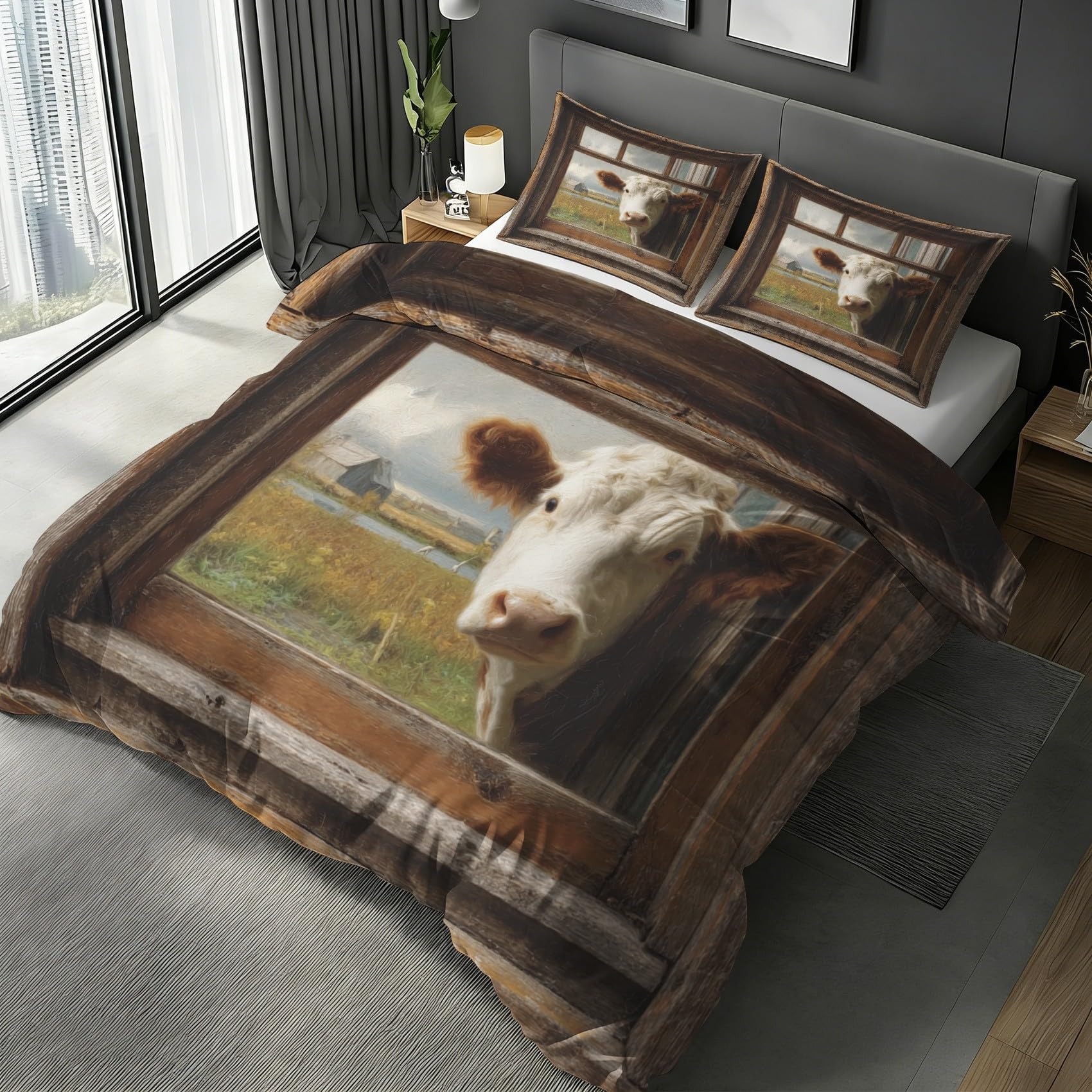 Housse de couette 240x260 rustique vache grand lit double pour décoration de chambre chalet
