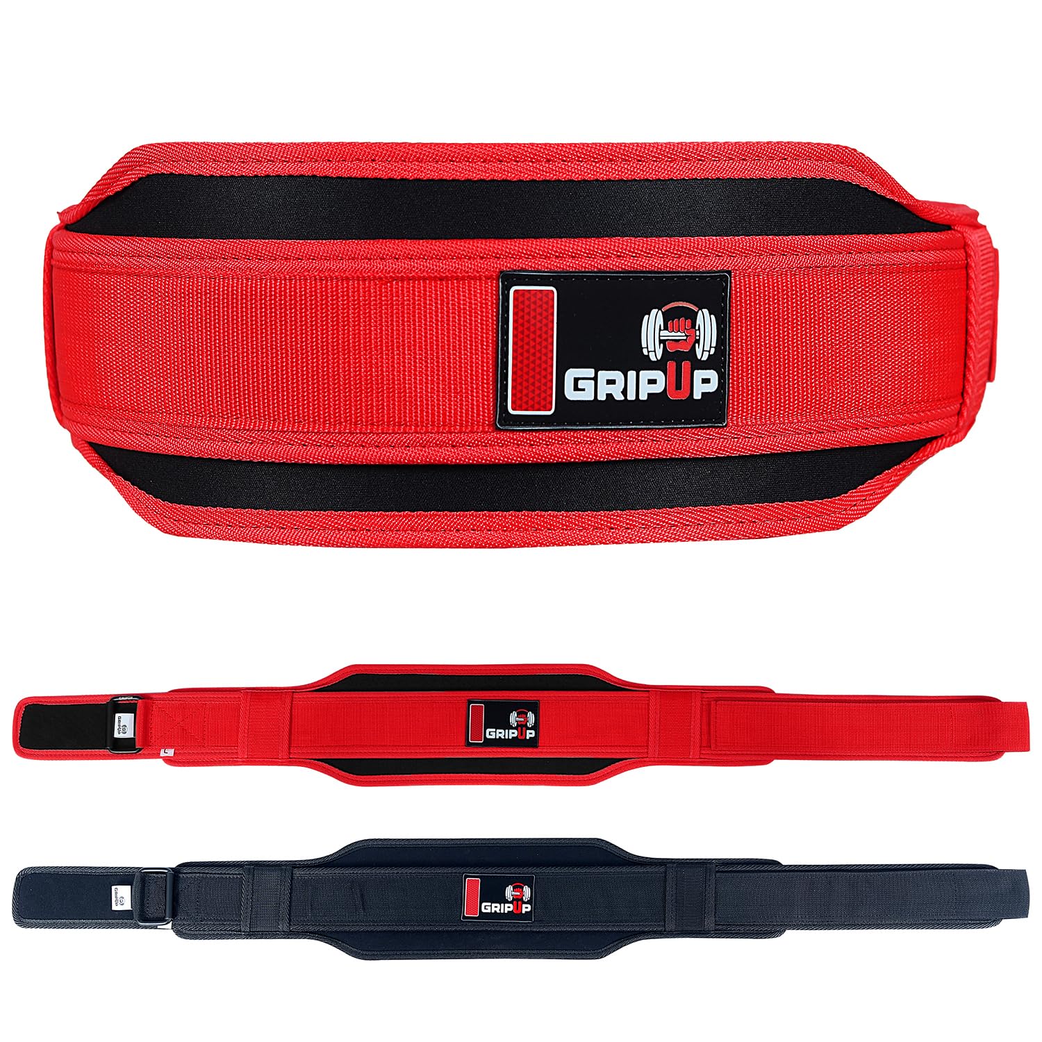 Grip Up Heavy Duty Weightlifting Belt Men & Women Reinforced Powerlifting Belt Premium EVA Foam Padding Adjustable Roller Buckle for Squats Deadlifts Bodybuilding & Strength Training (Red, 2XL)