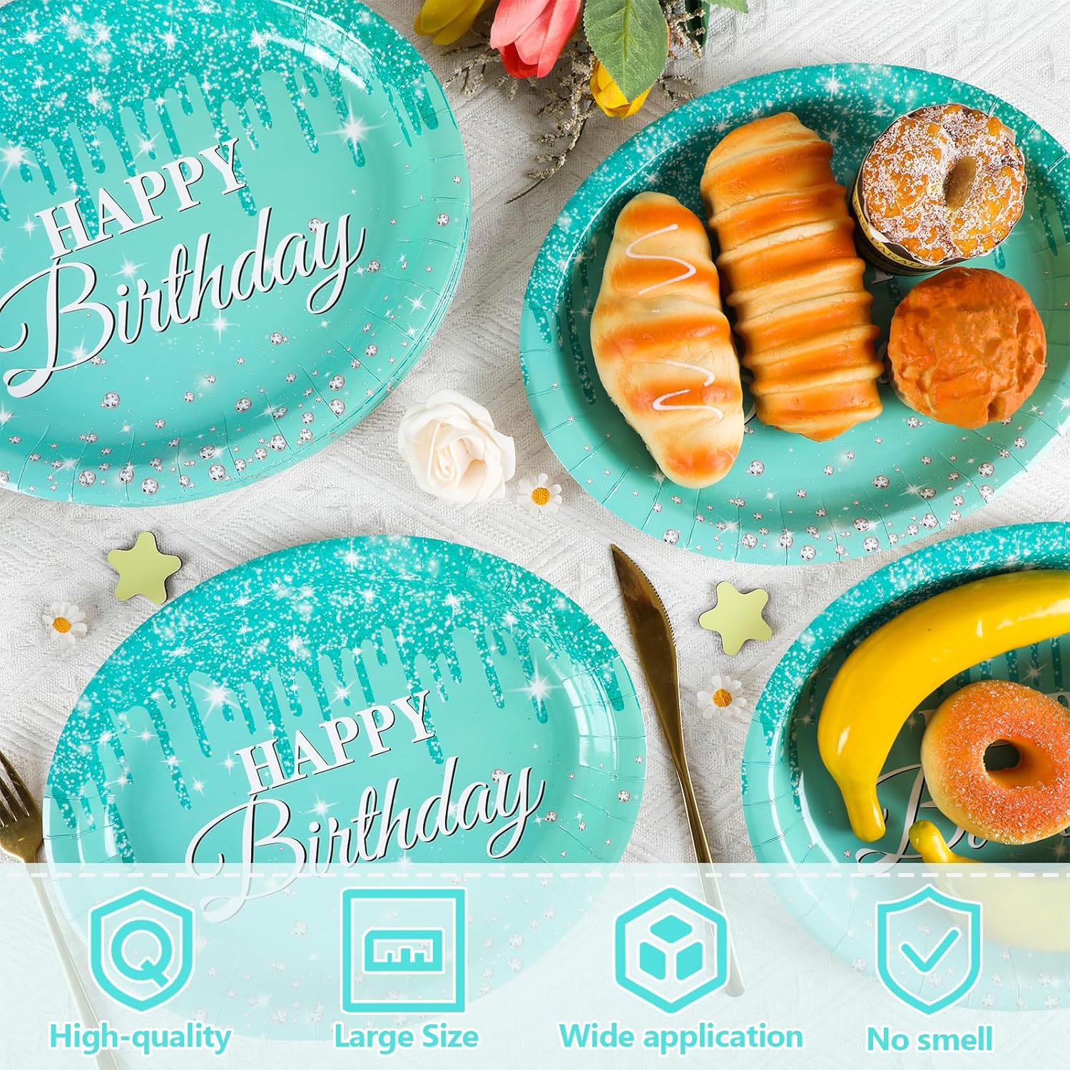 50Pcs Teal and Silver Birthday Oval Paper Plates 11Inch Large Blue Glitter Diamonds Platters Happy Birthday Party Decors Heavy Duty Dish Tray for Girls Women Birthday Gathering Tableware Set Supplies