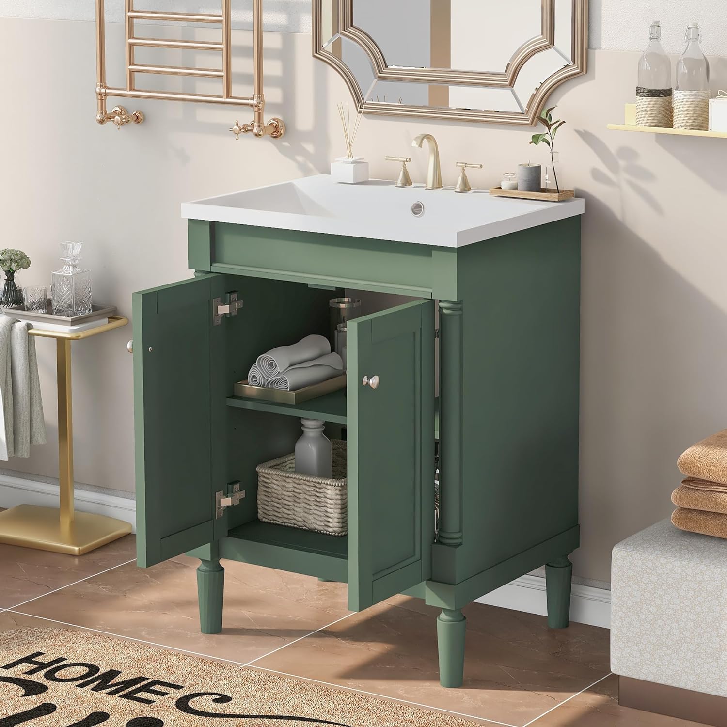 Bellemave 24 Inch Bathroom Vanity with Ceramic Sink, Storage Cabinet with Basin for Bathroom, Narrow Small Bathroom Cabinet with Adjustable Shelf, Green