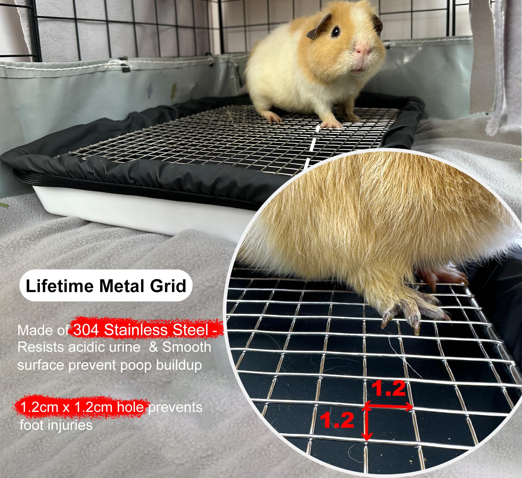 DOZZOPET Caja de arena para conejillos de indias con rejilla de acero inoxidable y 2 forros impermeables reutilizables, bandeja para orinal de animales pequeños para conejo enano, hurón, chinchilla