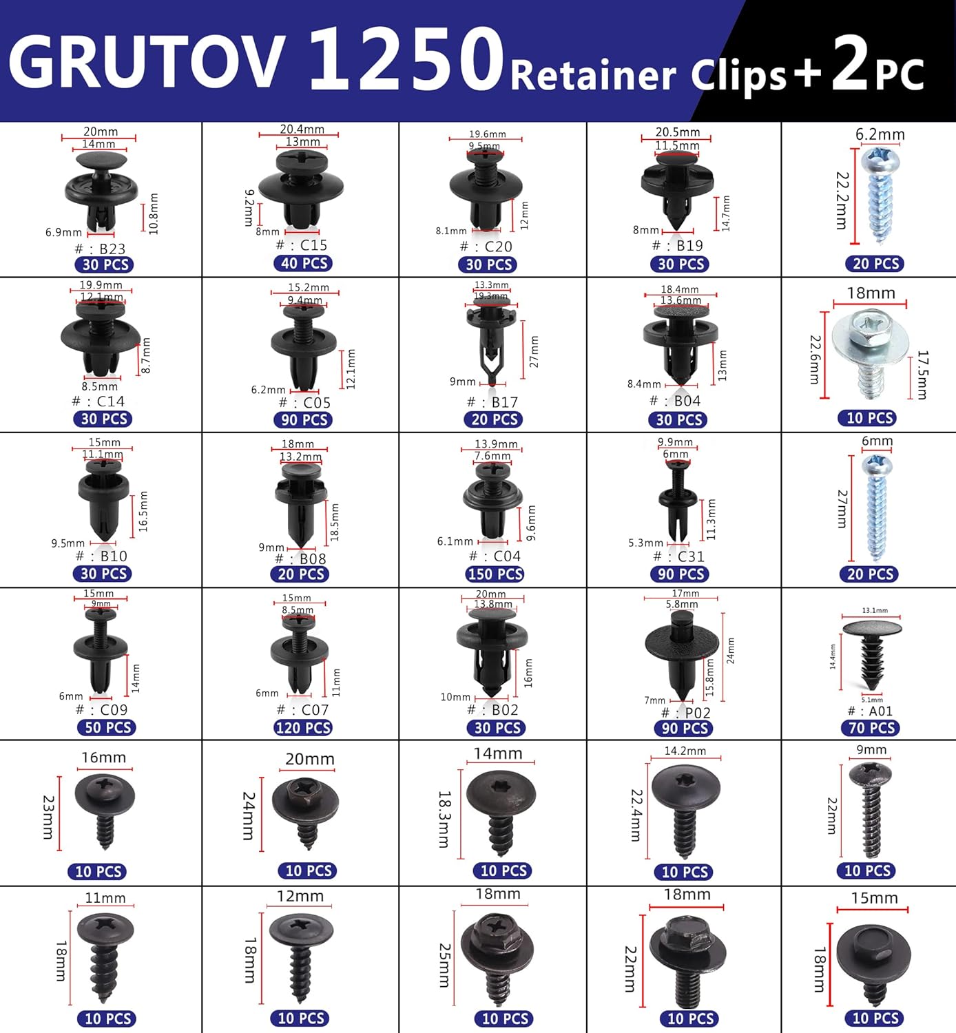 Car Push Pins Automotive Clips 1252PCS Plastic Rivets Shield Retainer Clips Assortment Xmas Tree Fasteners Kit Most Common Sizes Auto Body Push Pin with Removers for Ford Honda Chrysler GM