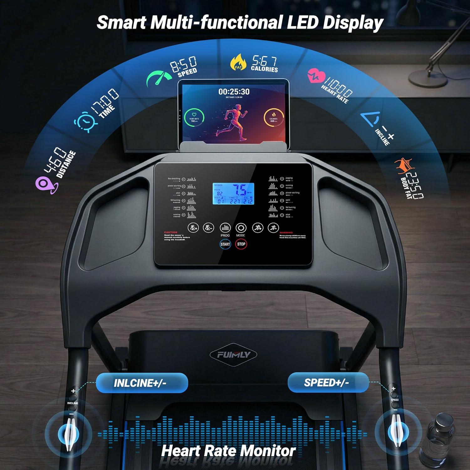 FUNMILY Treadmills for Home, 4.5HP Heavy Duty Treadmill with 0–20% Auto Incline, Quiet Portable Folding Treadmill 400 lb Capacity, 12 Programs& Heart Rate & Body-Fat Measurement