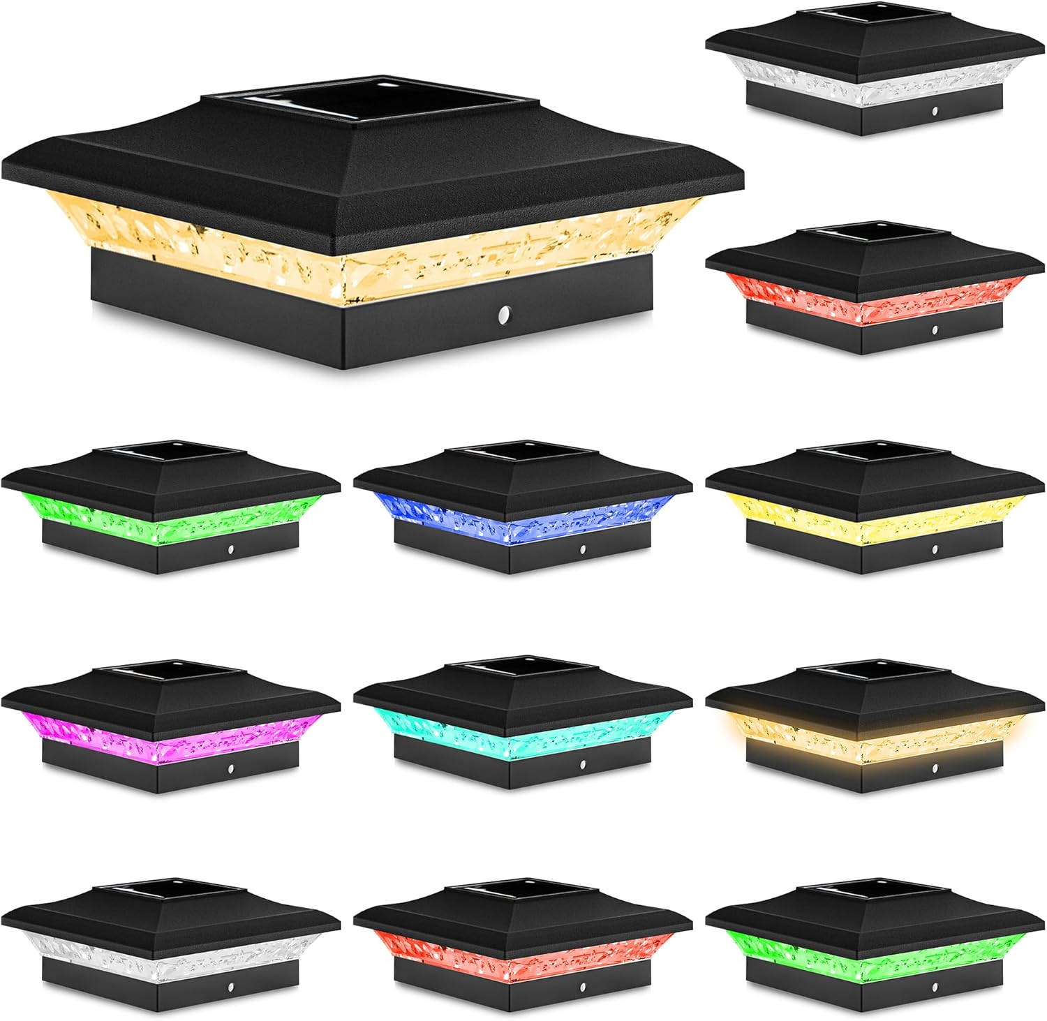 T-SUN Solar Post Cap Lights with Auto-Change Colors- for Vinyl & Wooden Posts IP65 Weatherproof Outdoor Solar Fence Post Lights for Deck, Porch, Garden & Stairs(12-Pack,RGB)