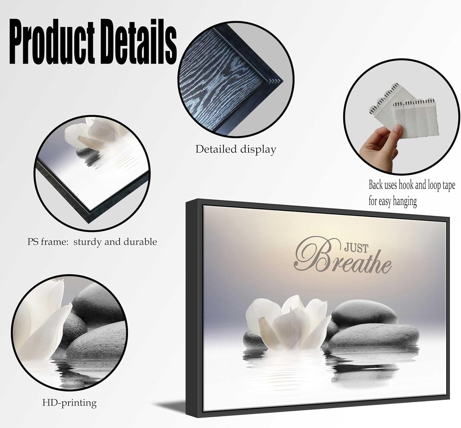 Framed Zen Stone Flower Wall Art White Lotus Just Breathe Yoga Quotes Picture Wall Decor Water Lily Stone Poster Print Artwork for Bathroom Yoga Room Spa Room Meditation Room Office Home Decoration