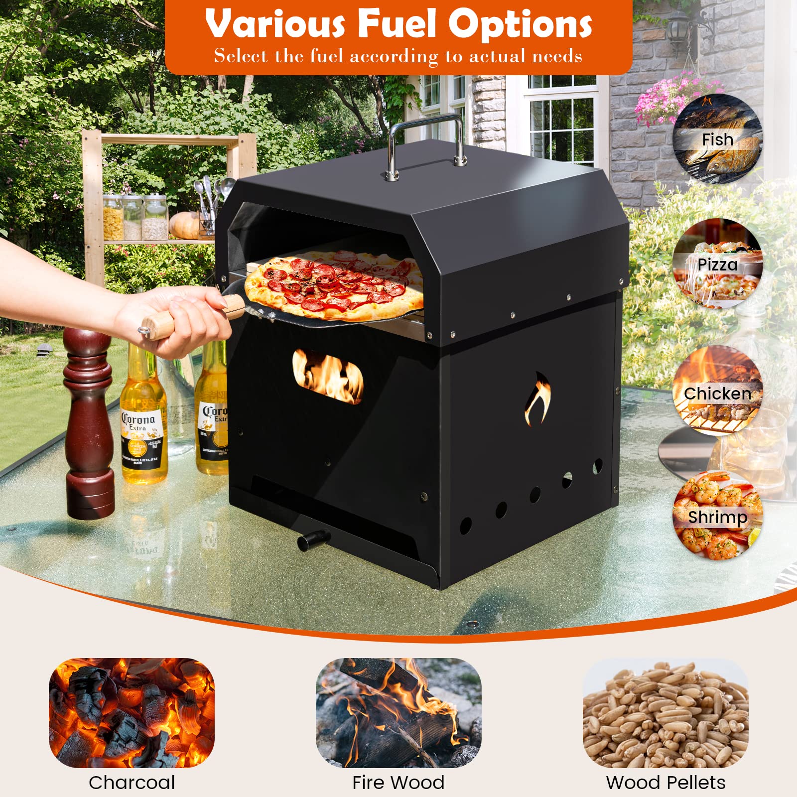HAPPYGRILL Horno de pizza portátil 4 en 1, horno de pizza al aire libre y hoguera con piedra para pizza, pala para pizza, estante para parrilla, cubierta impermeable