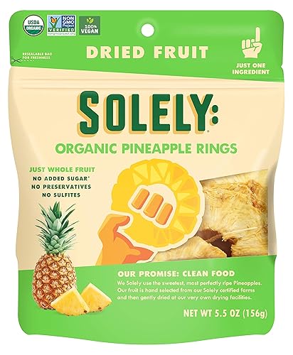 SOLELY Anillos de piña seca orgánica grandes paquete de 1 Un ingrediente vegano sin OMG sin azúcar añadida