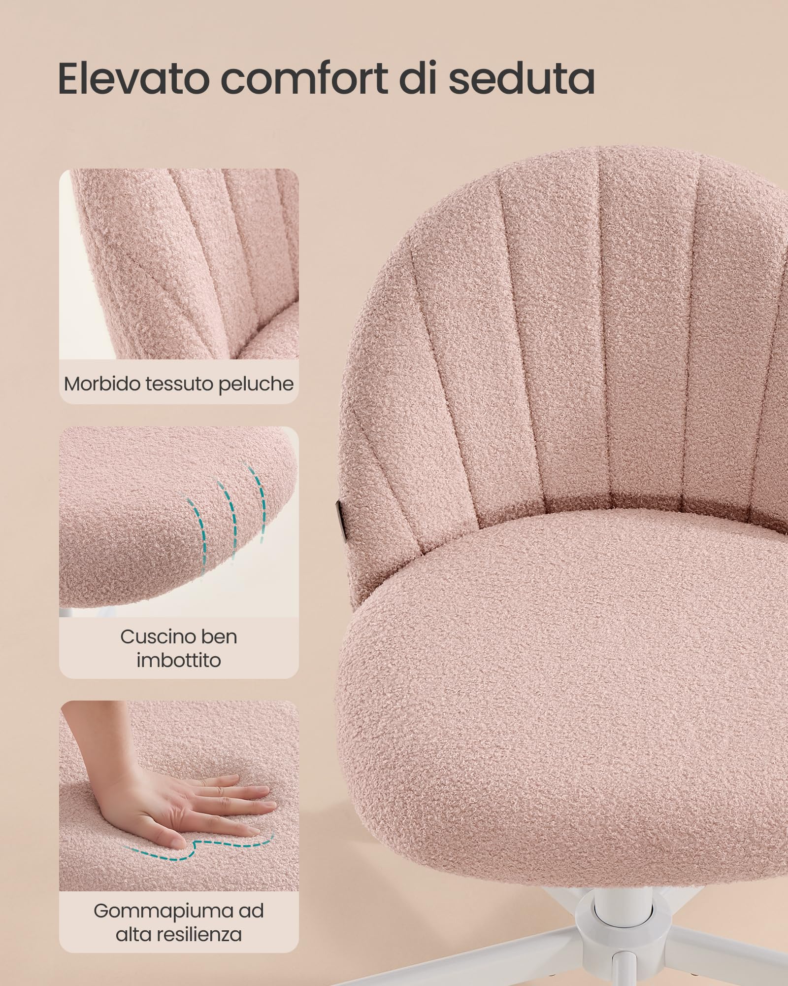 SONGMICS Sedia da Ufficio, Sgabello da Trucco in Tessuto Peluche, Sedia da Scrivania Imbottita in Gommapiuma, Regolabile in Altezza, Studio Camera da Letto Cabina Armadio, Rosa Pastello OBG027SA01