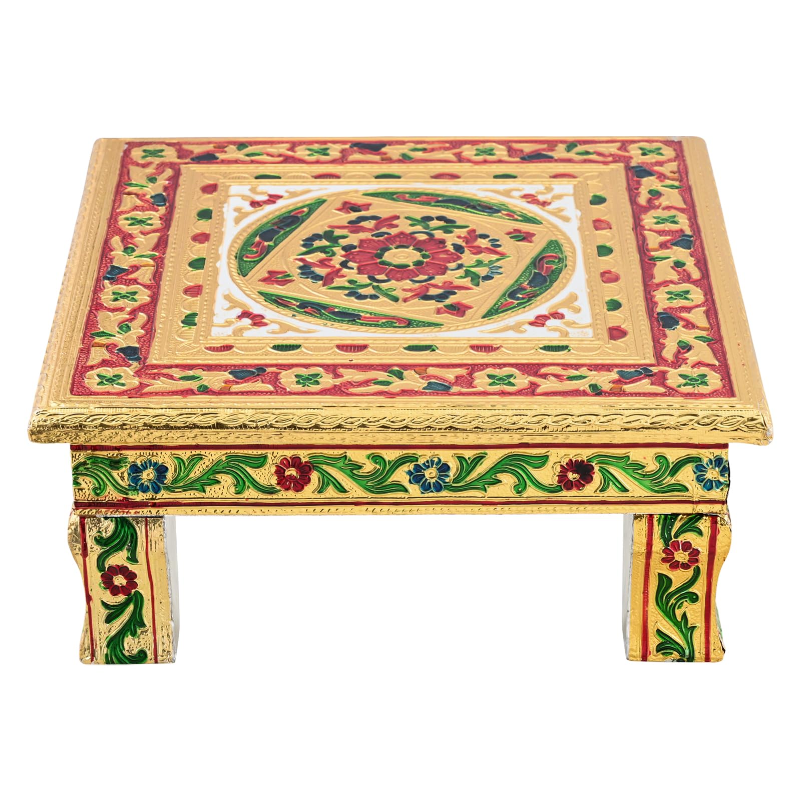 SGR Handicrafts Printed Meenakari Wooden Pooja Chowki (12x 12 Inch) | Decorative Puja Bajot for Home Mandir and Office | Traditional Handcrafted Puja Patla for Idols & Rituals | Chaurang Peetalu