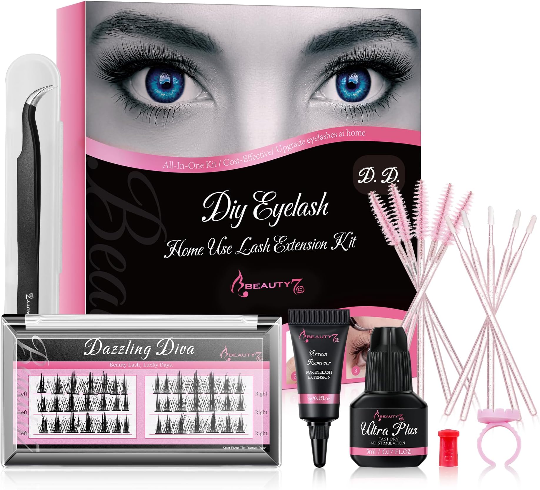 Beauty7 PRO DIY Volume Lash Extension Kit Gift Set Starter kit Exercise Set Home Eyelash Extensions Self Application Refill Volume Individual Lashes (Sparkling Nights DIY Lash Kit)