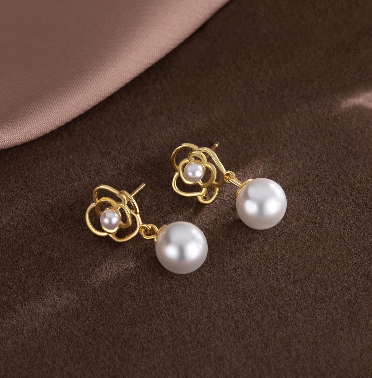 Reffeer Solid 925 Sterling Silver Imitation Pearl Drop Earrings for Women Teen Girls Pearl Flower Drop Earrings Wedding