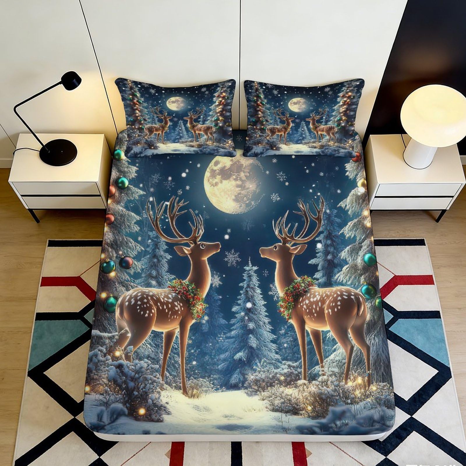3D Printed Reindeer Forest Fitted Sheet Microfiber Deep Pocket Non-Slip Bedroom Bedding Set Reindeer Mattress Fitted Cover Washable 90x200x25cm
