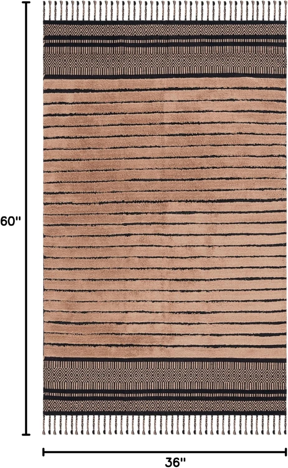 SAFAVIEH Kilim Collection Area Rug - 3' x 5', Black & Beige, Boho Stripe Braided Tassel Design, Handmade Cotton, Ideal for The Living Room, Bedroom, Dining Room (KLC401Z-3)