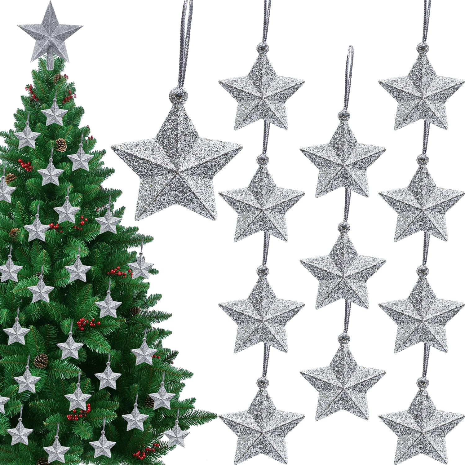 12PCS Silver Star Baubles Christmas Tree Decorations, Mini Silver Stars Baubles Christmas Tree Hanging Ornaments, 5CM