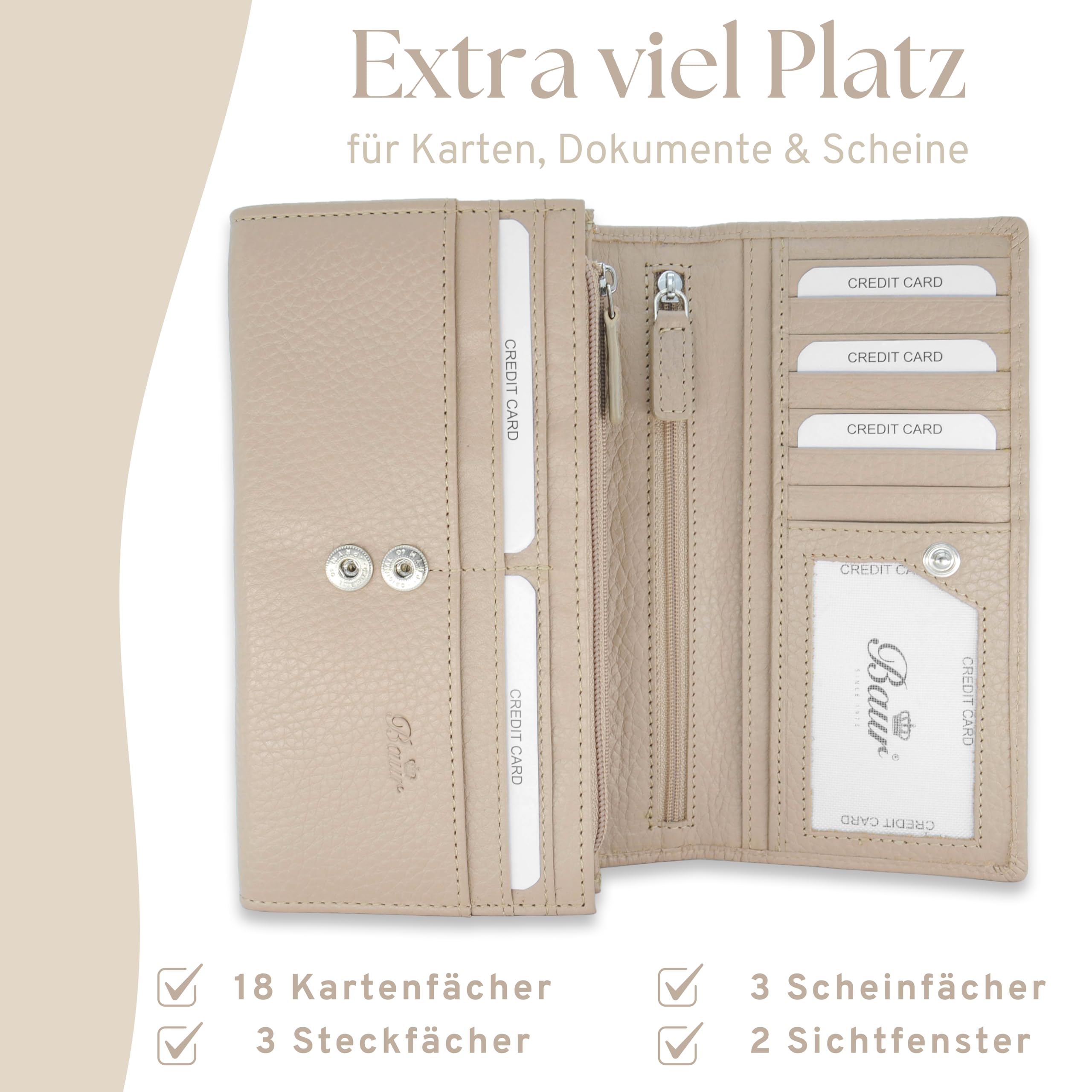 Baur – XXL Damen Geldbörse aus echtem Leder mit RFID-Schutz (Taupe) | Sehr großes Portemonnaie, 18 Kartenfächer, Druckknopfverschluss, Münzfach mit Reißverschluss, geprägtes Rindsleder