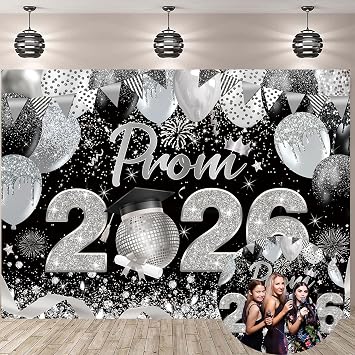 Black Silver Prom 2026 Backdrop 7x5FT Prom Night Photography Background Class of 2026 Congrats Grad Party Decorations Supplies Photo Props