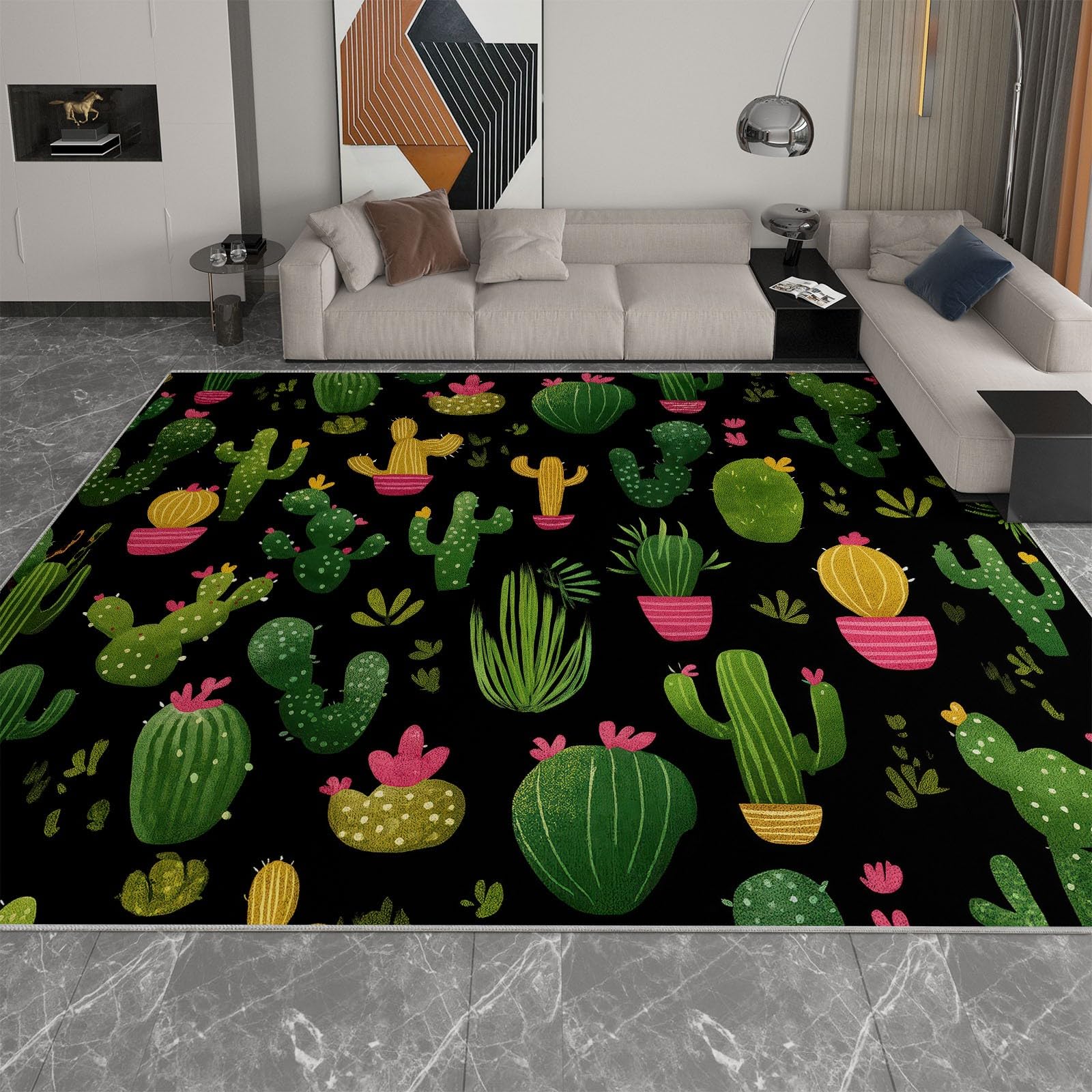 Generisch Minimalny kaktus, pustynny, sukulent, łatwy w pielęgnacji dywan z krótkim włosiem, czarny, 140 x 200 cm, nadaje się do prania w salonie i sypialni, antypoślizgowy spód i przyjazny dla