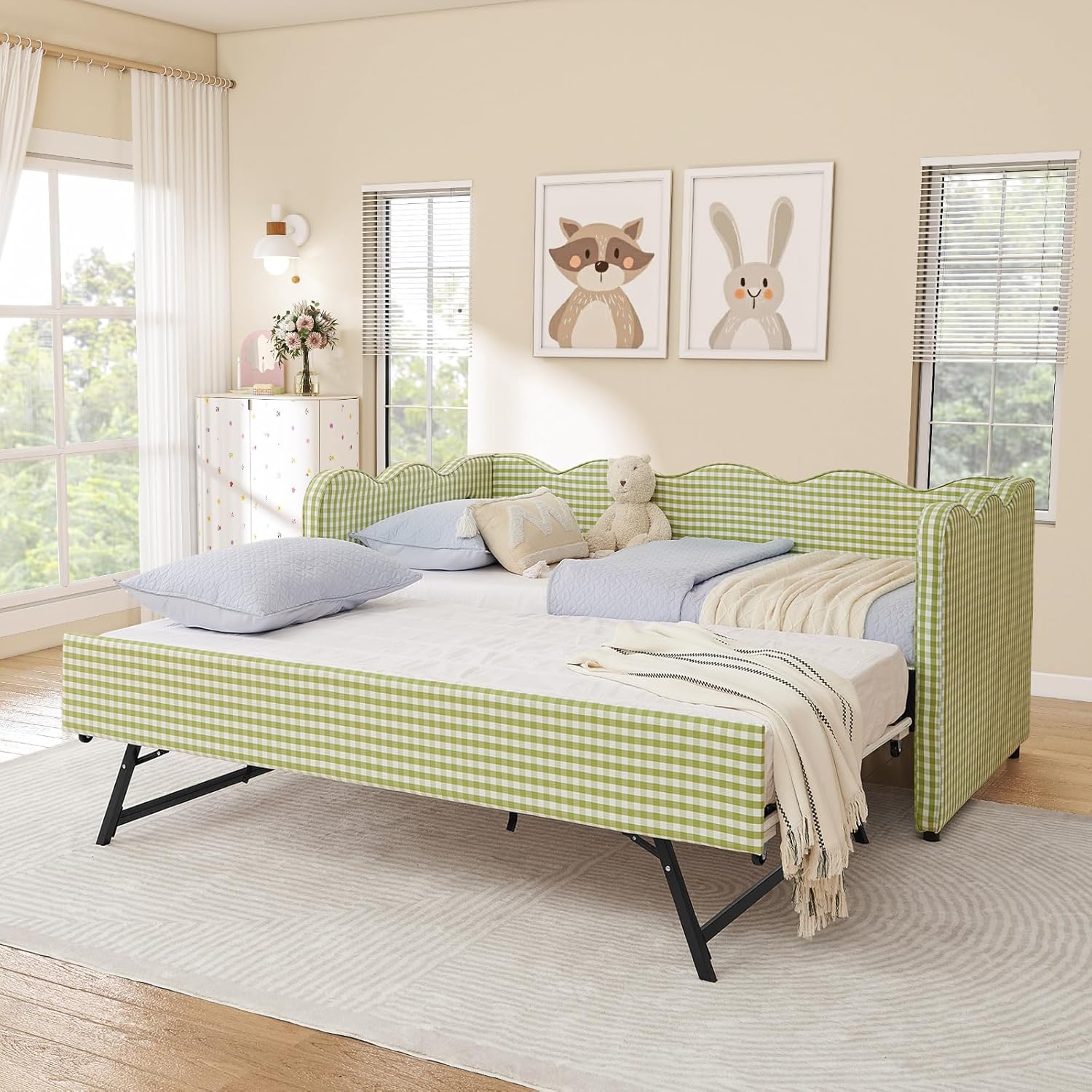 Twin Size Daybed with Pop Up Trundle, Linen Gingham Twin to King Daybed with USB Ports, Upholstered Day Bed Frame, Modern Sofa Bed for Living Room/Bedroom/Guest Room, No Box Spring Needed, Green