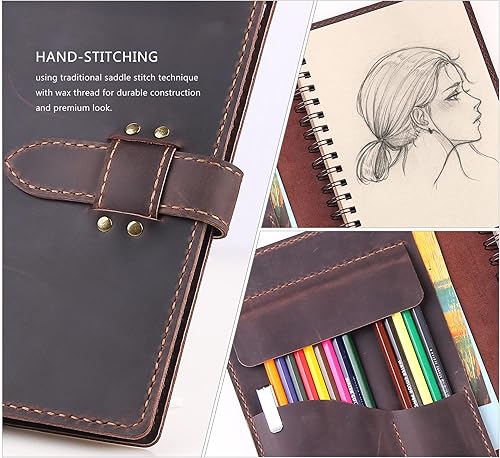 Miniatura 18 de Robrasim Funda de cuero hecha a mano para cuaderno de bocetos de 5.5 x 8.5 pulgadas, cuaderno de dibujo y estuche para lápices, cartera de cuadernos