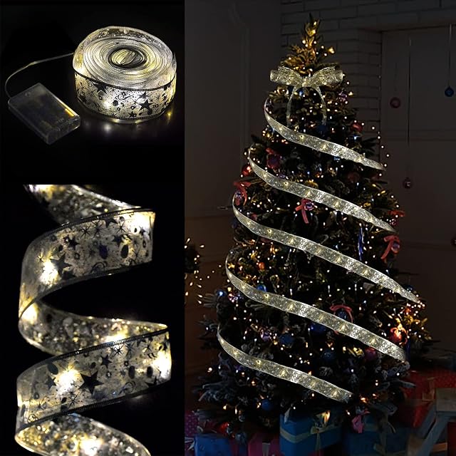 Christmas Ribbon Lights 16ft 50 LED Fairy Lights Battery Operated Christmas Tree Lights Xmas Tree Decorations Light up Ribbon Bows String Lights for Christmas Tree Ornaments Party Indoor/Outdoor