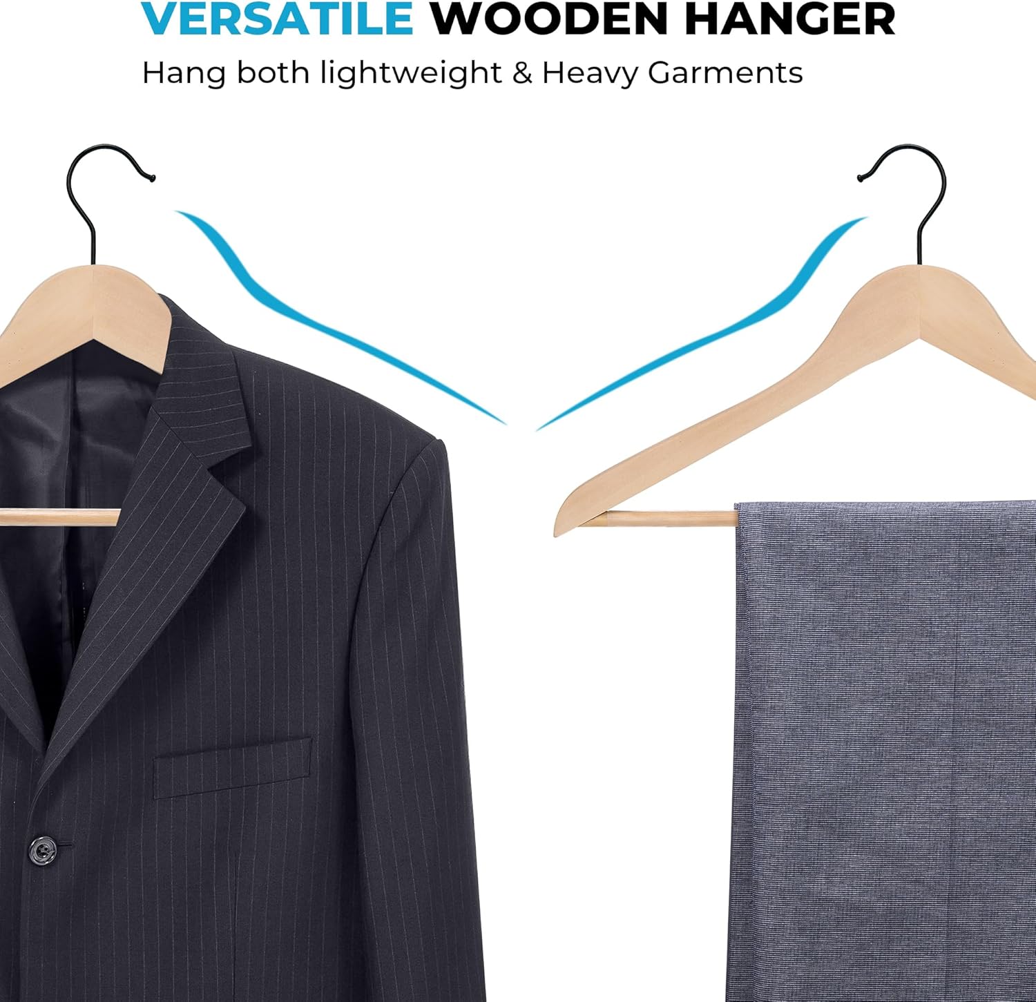 JS HANGER Wooden Coat Hangers, 30 Pack High Grade Wood Suit Hangers with Non Slip Pant Bar - Extra Smooth and Splinter Free, Unvarnished