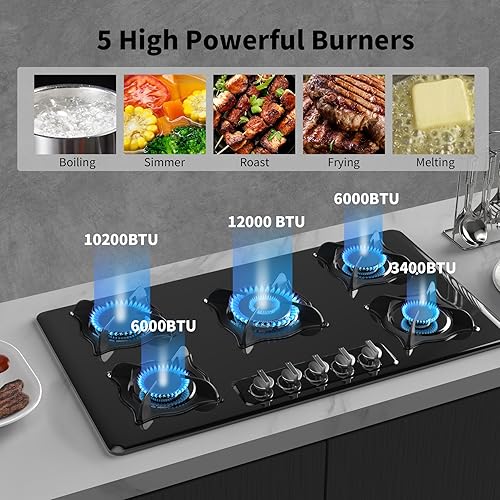 Miniatura 2 de Estufa de gas de 36 pulgadas, 5 quemadores Estufa de gas incorporada de acero inoxidable, GLPG, doble combustible, encendido automático, propano de