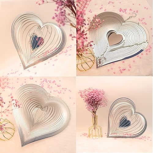 Miniatura 5 de DJUAN Giradores de Viento para Exteriores Decoraciones de Metal, Giradores de Viento de Corazón Plateado para Patio y Jardín, Campanillas de Viento