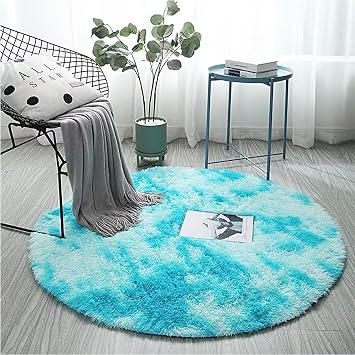 Ultra Soft Fluffy Rug White Faux Sheepskin Fur Area Rug - Soft Plush Furry Bedside Rug, Non-Slip Rugs, Machine Washable, Comfy Nursery Accent Floor Carpet 6.5 Round Feet, Tie-dye Blue
