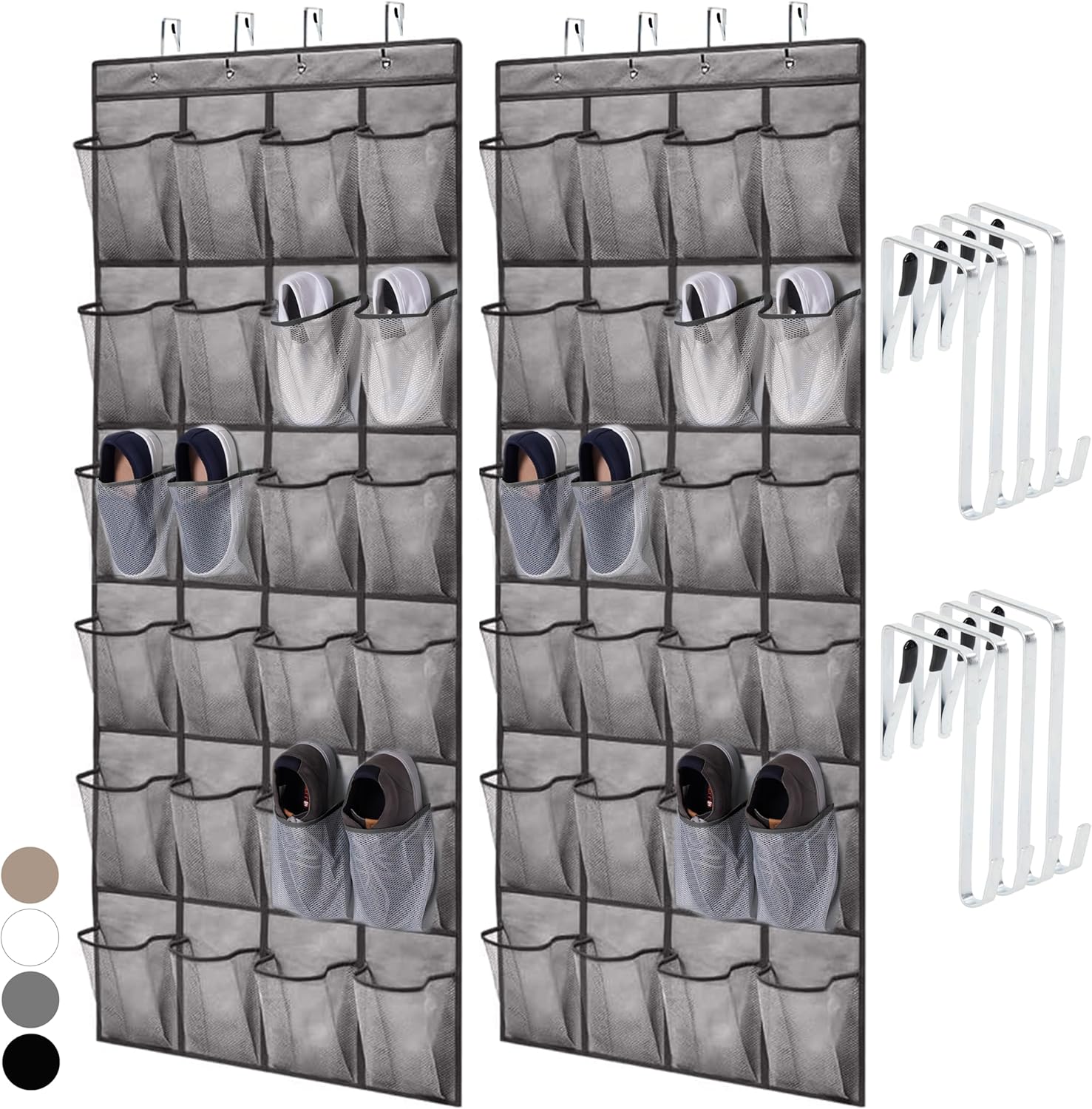 HOME GENIE Over the Door Hanging Shoe Organizer (2-Pack) — 24 Breathable Mesh Pockets, Closet Rack Storage Holder, Stay in Place Hooks Hang on Closets, Hanger Holds Up to 40 lbs, Shoes, Accessories (Pack of 2, Slate Gray)