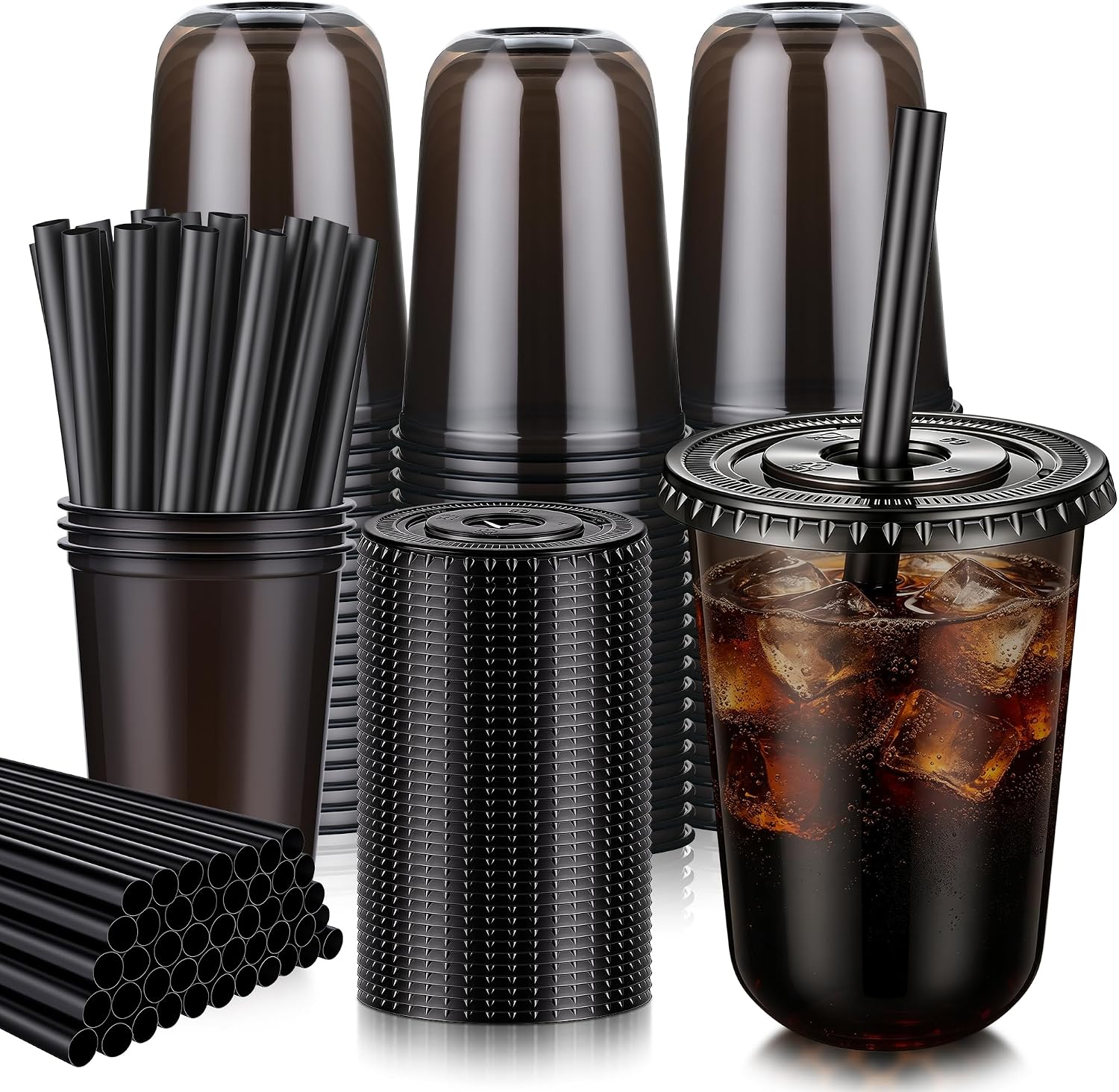 tchrules 100 Sets 16 oz Black Plastic Cups with Lids & Wide Boba Straws