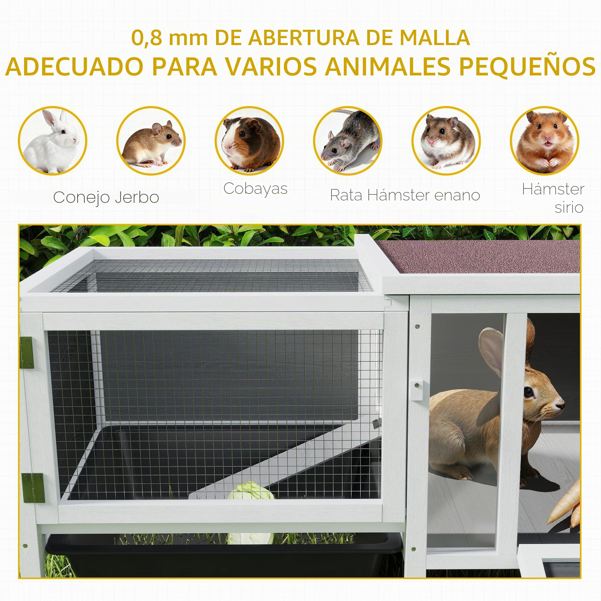 Conejera de Madera PawHut con recinto Libre, rampa, 3 entradas, conejera para Animales pequeños con Techo hidrófugo practicable, Bandeja extraíble, para cobayas 105 x 57,5 x 51,5 cm Gris